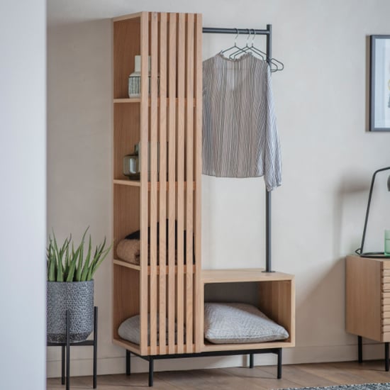 Read more about Okonma wooden open wardrobe with metal legs in oak