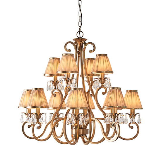 Product photograph of Oksana 12 Lights Pendant Light In Antique Brass With Beige Shades from Furniture in Fashion