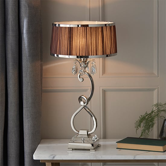Product photograph of Oksana Medium Table Lamp In Nickel With Chocolate Shade from Furniture in Fashion