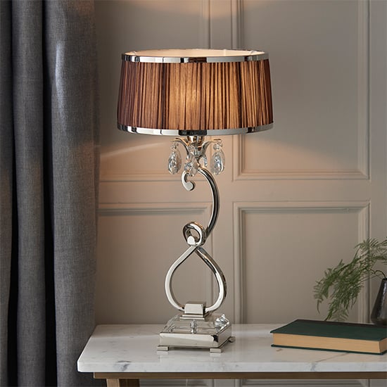 Oksana Medium Table Lamp In Nickel With Chocolate Shade