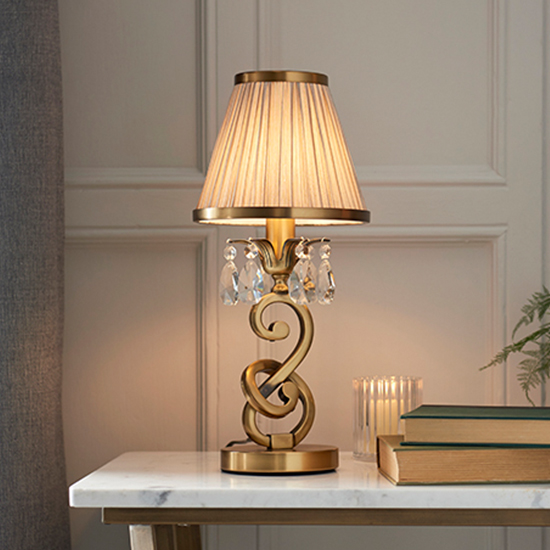 Oksana Small Table Lamp In Antique Brass With Beige Shade