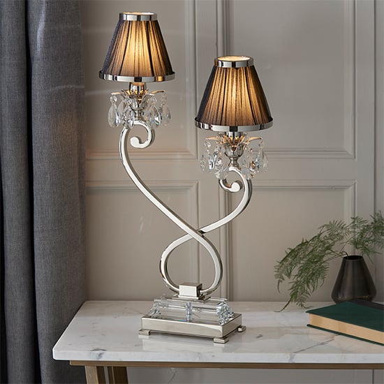 Product photograph of Oksana Twin Table Lamp In Nickel With Black Shades from Furniture in Fashion