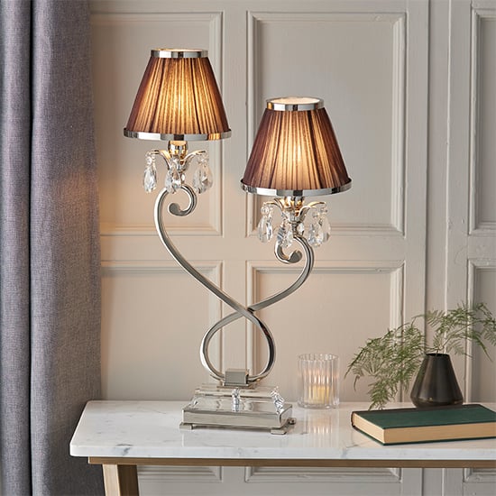 Product photograph of Oksana Twin Table Lamp In Nickel With Chocolate Shades from Furniture in Fashion