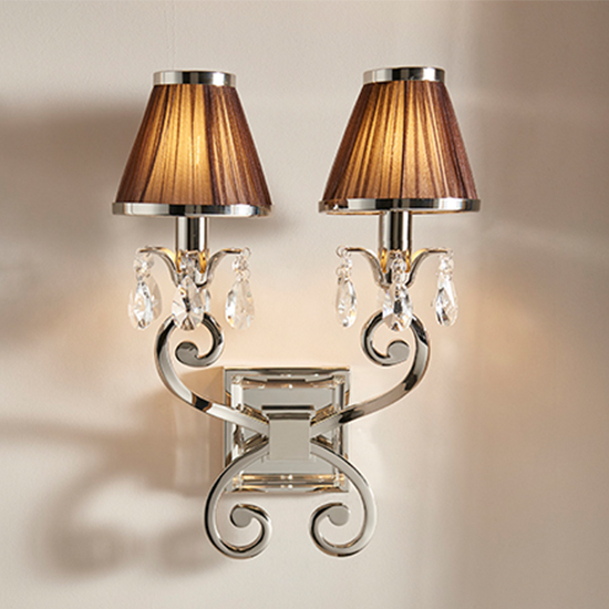 Oksana Twin Wall Light In Nickel With Chocolate Shades