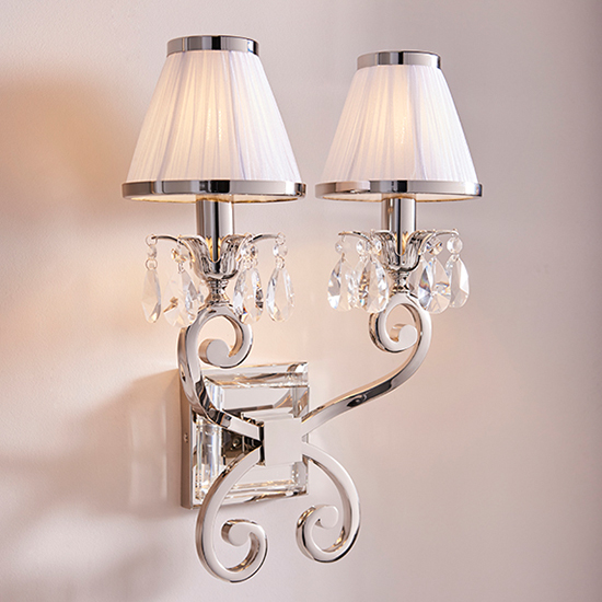 Product photograph of Oksana Twin Wall Light In Nickel With White Shades from Furniture in Fashion