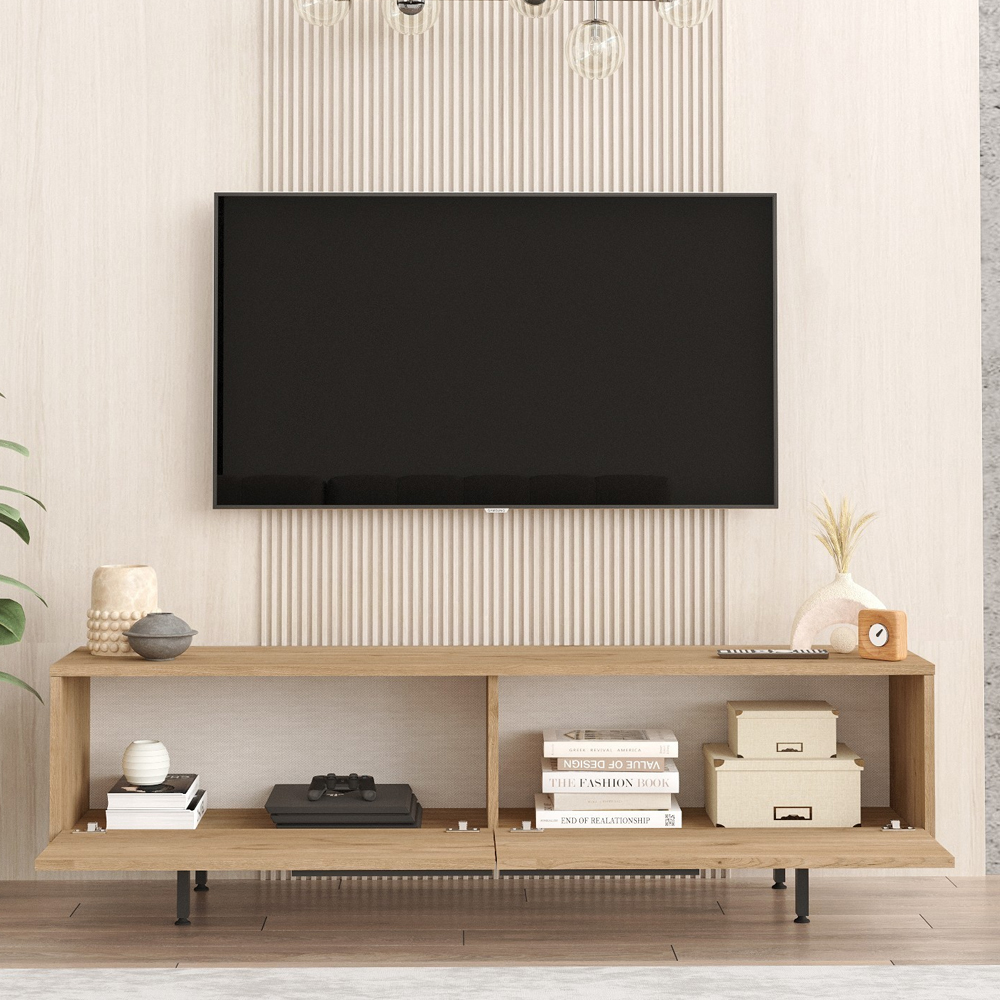 Olara Wooden TV Stand with Black Metal Legs in Walnut