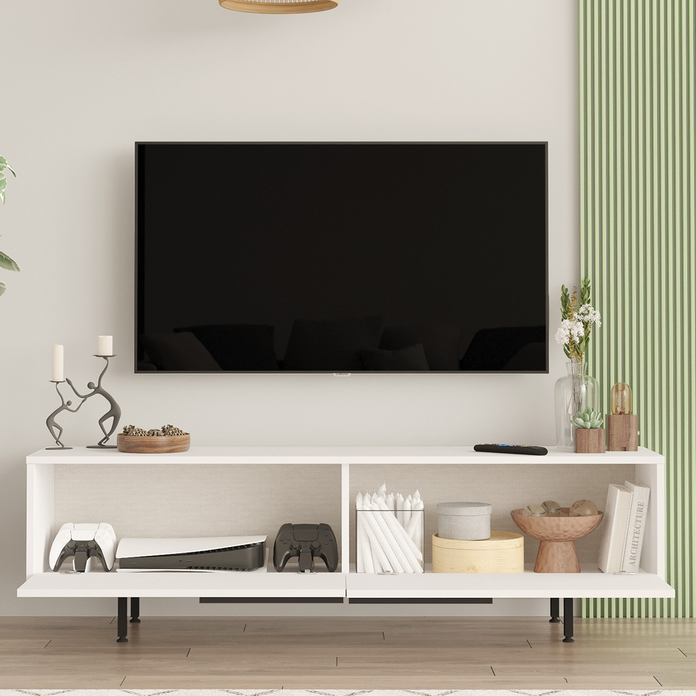 Olara Wooden TV Stand with Black Metal Legs in White