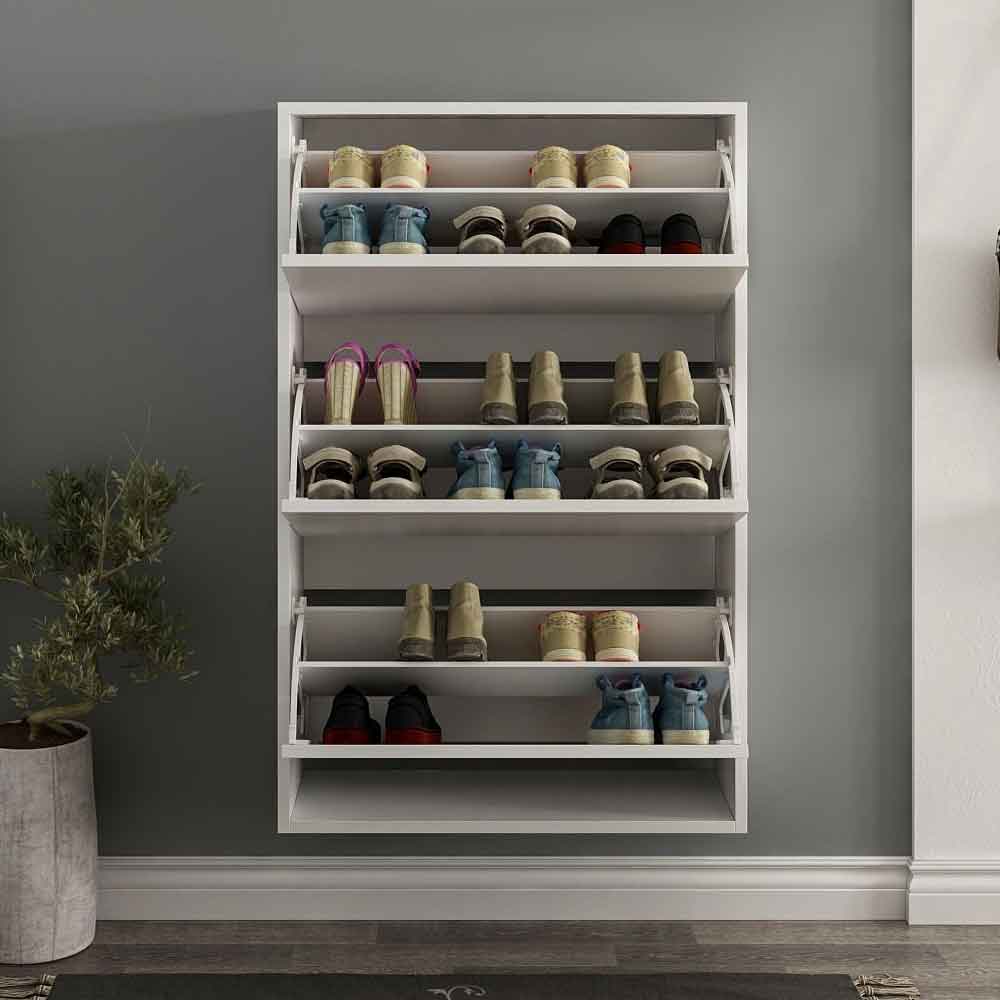 Olara Wooden Wall Shoe Storage Rack with 3 Flap Doors In White