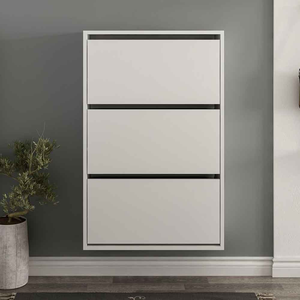 Olara Wooden Wall Shoe Storage Rack with 3 Flap Doors In White