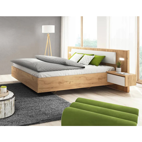 Olbia King Size Bed With Bedside Cabinets In Golden Oak And LED