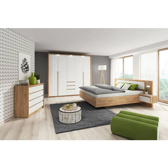 Olbia King Size Bed With Bedside Cabinets In Golden Oak And LED