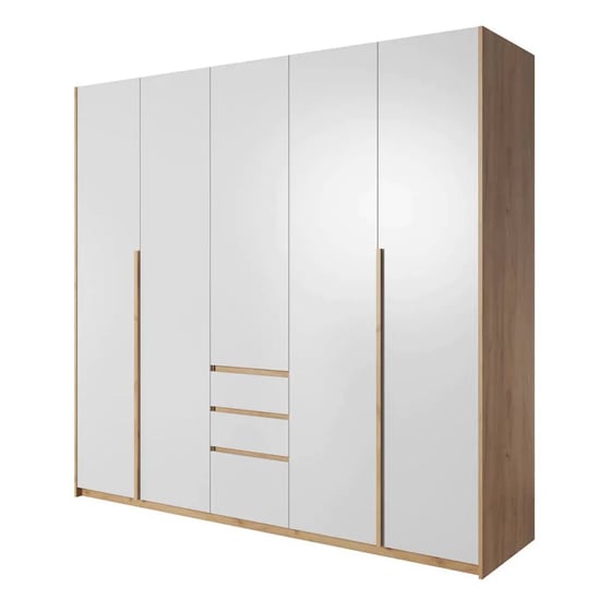Read more about Olbia wooden wardrobe 3 doors 3 drawers in golden oak and white