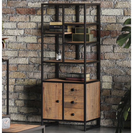 Product photograph of Olbia Wooden Modular Bookcase Tall Open 1 Door 3 Drawers In Oak from Furniture in Fashion