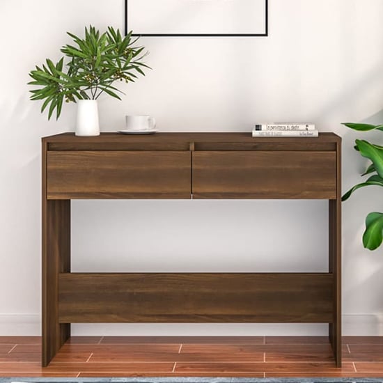 Read more about Olenna wooden console table with 2 drawers in brown oak