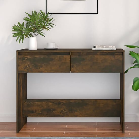 Photo of Olenna wooden console table with 2 drawers in smoked oak