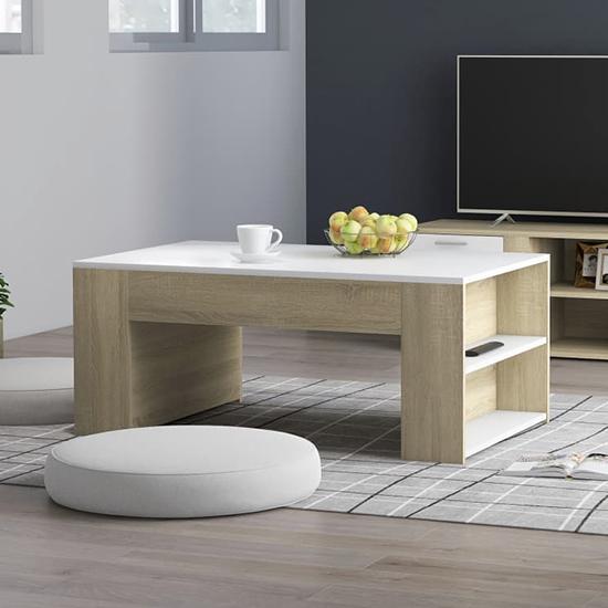 Olicia Wooden Coffee Table With Shelves In White And Sonoma Oak_1
