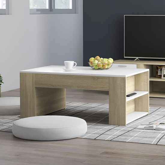 Read more about Olicia wooden coffee table with shelves in white and sonoma oak