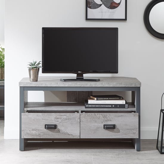 Balcombe Corner Wooden TV Stand In Grey With 2 Drawers_2