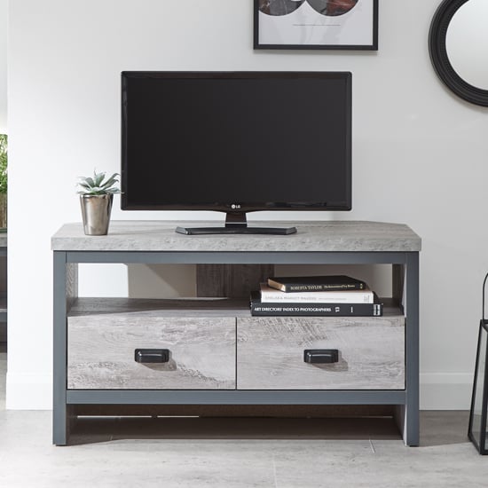 Read more about Balcombe corner wooden tv stand in grey with 2 drawers