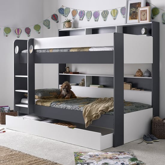 Ocala Solid Rubberwood Storage Bunk Bed In Grey And White