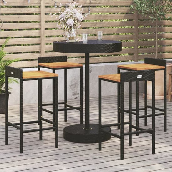 Read more about Olivia solid wood 5 piece garden bar set in black poly rattan