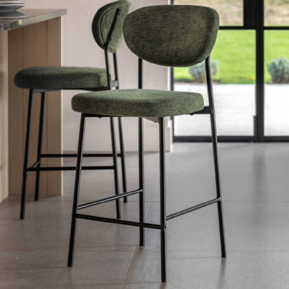 Olney Green Fabric Bar Stools With Metal Frame In Pair
