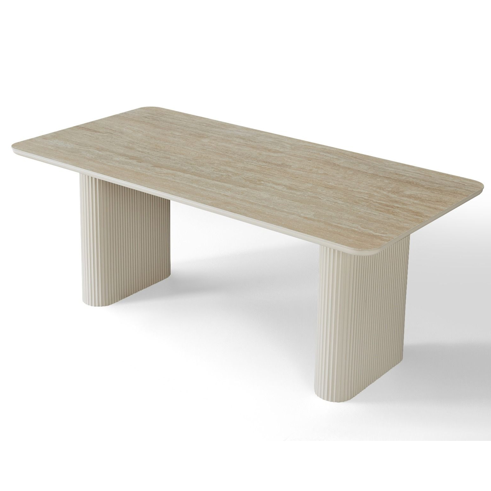 Olyra Travertine Marble Effect Sintered Stone Top Dining Table with Satin Cream Base