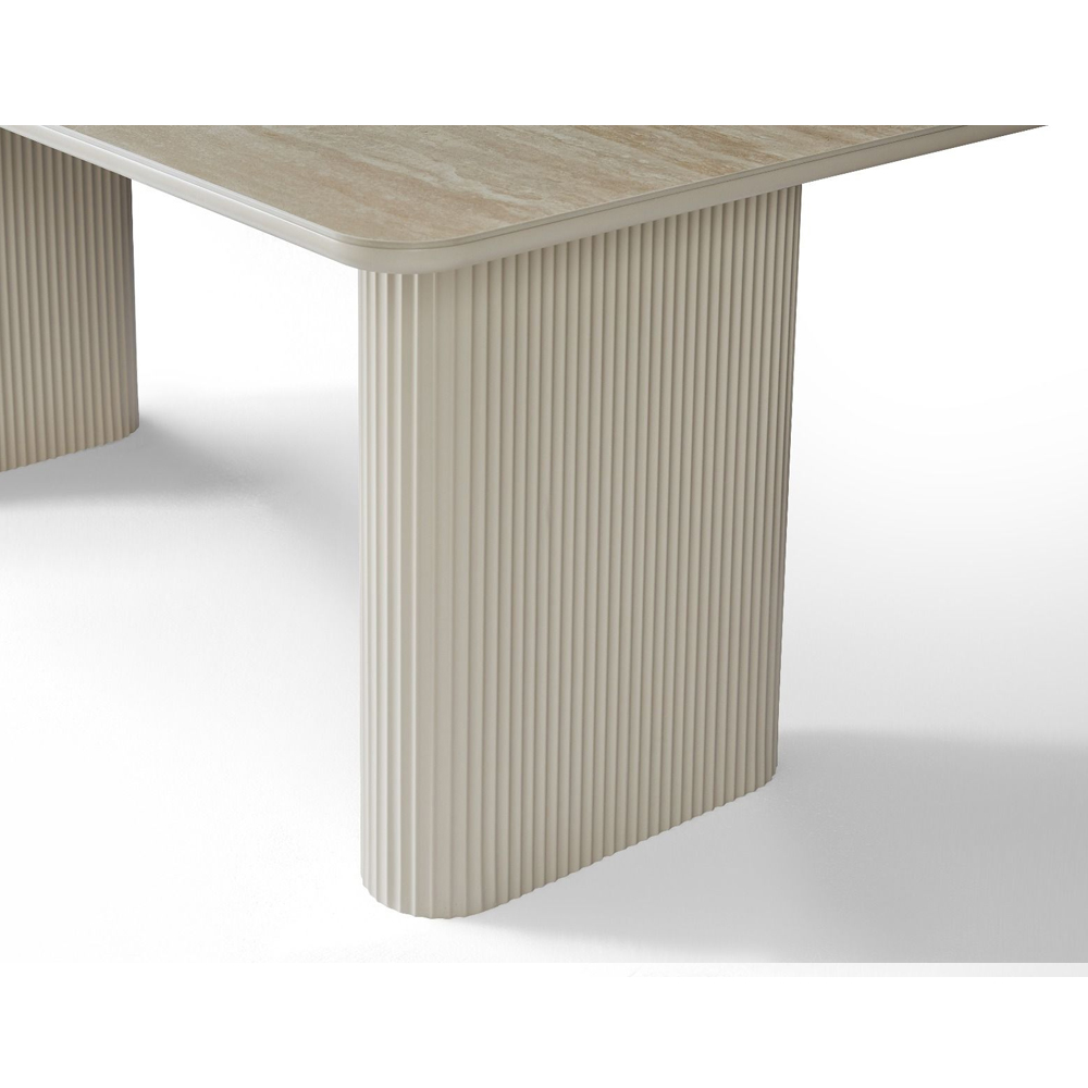 Olyra Travertine Marble Effect Sintered Stone Top Dining Table with Satin Cream Base