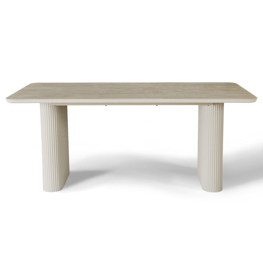 Olyra Travertine Marble Effect Sintered Stone Top Dining Table with Satin Cream Base