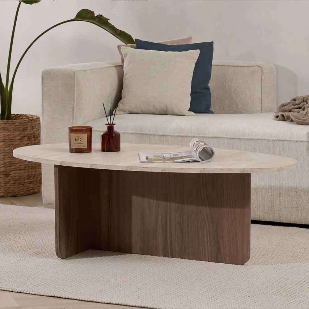 Onara Oval Wooden Coffee Table in Travertine Marble Effect and Venezia Walnut