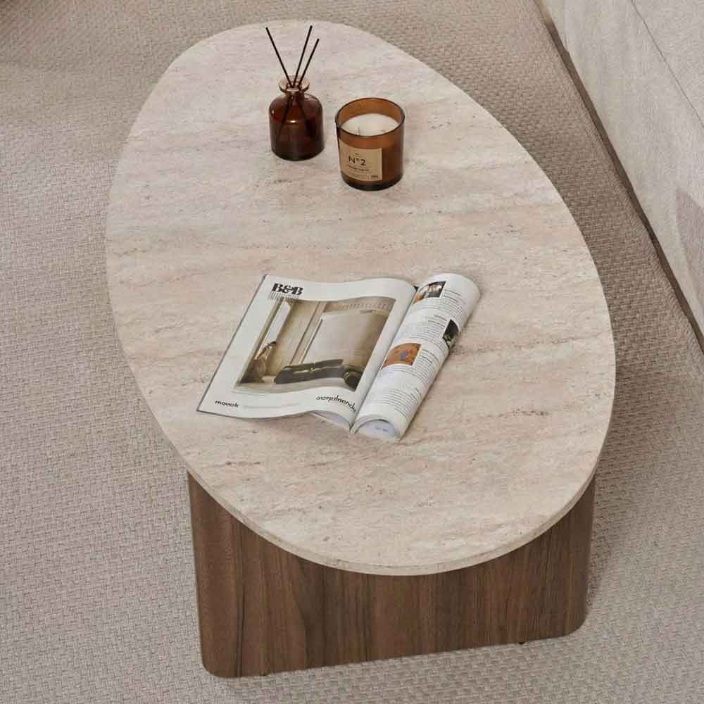 Onara Oval Wooden Coffee Table in Travertine Marble Effect and Venezia Walnut