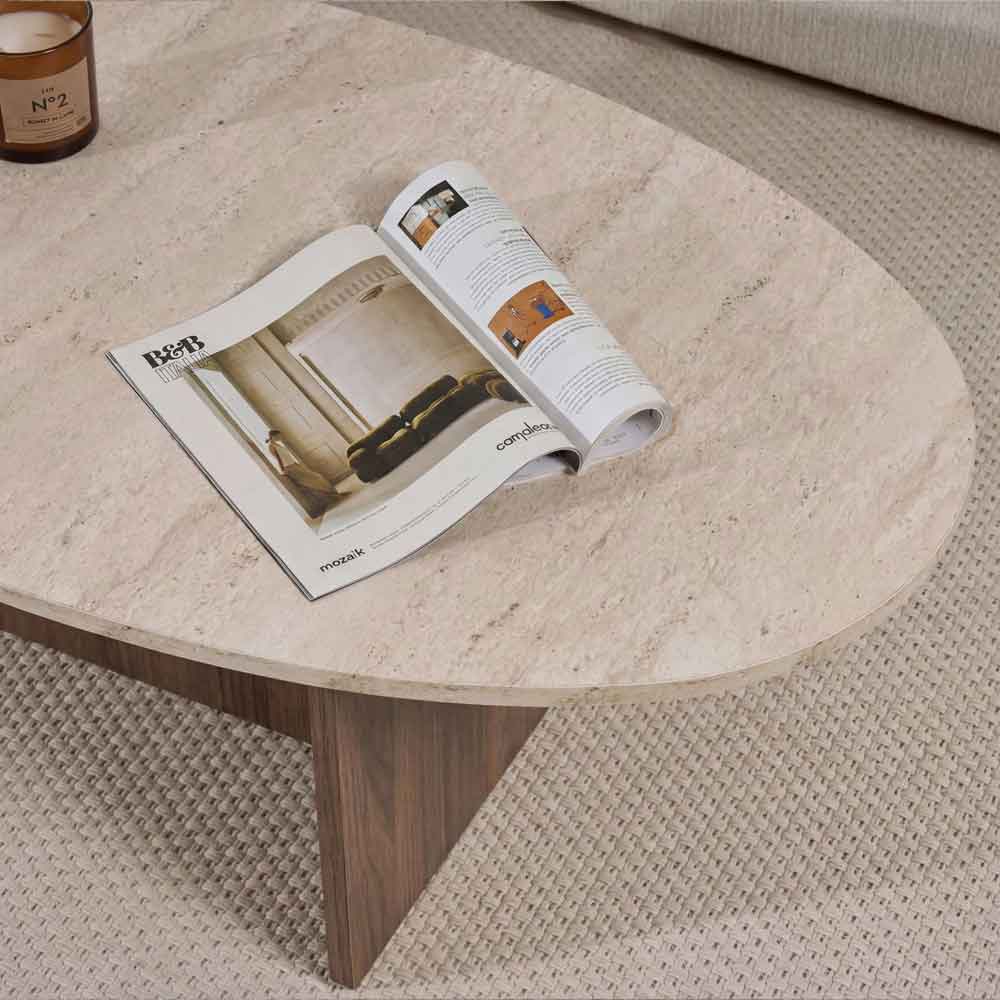 Onara Oval Wooden Coffee Table in Travertine Marble Effect and Venezia Walnut