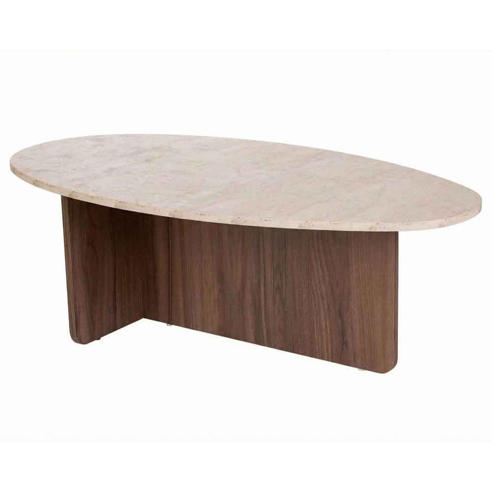 Onara Oval Wooden Coffee Table in Travertine Marble Effect and Venezia Walnut