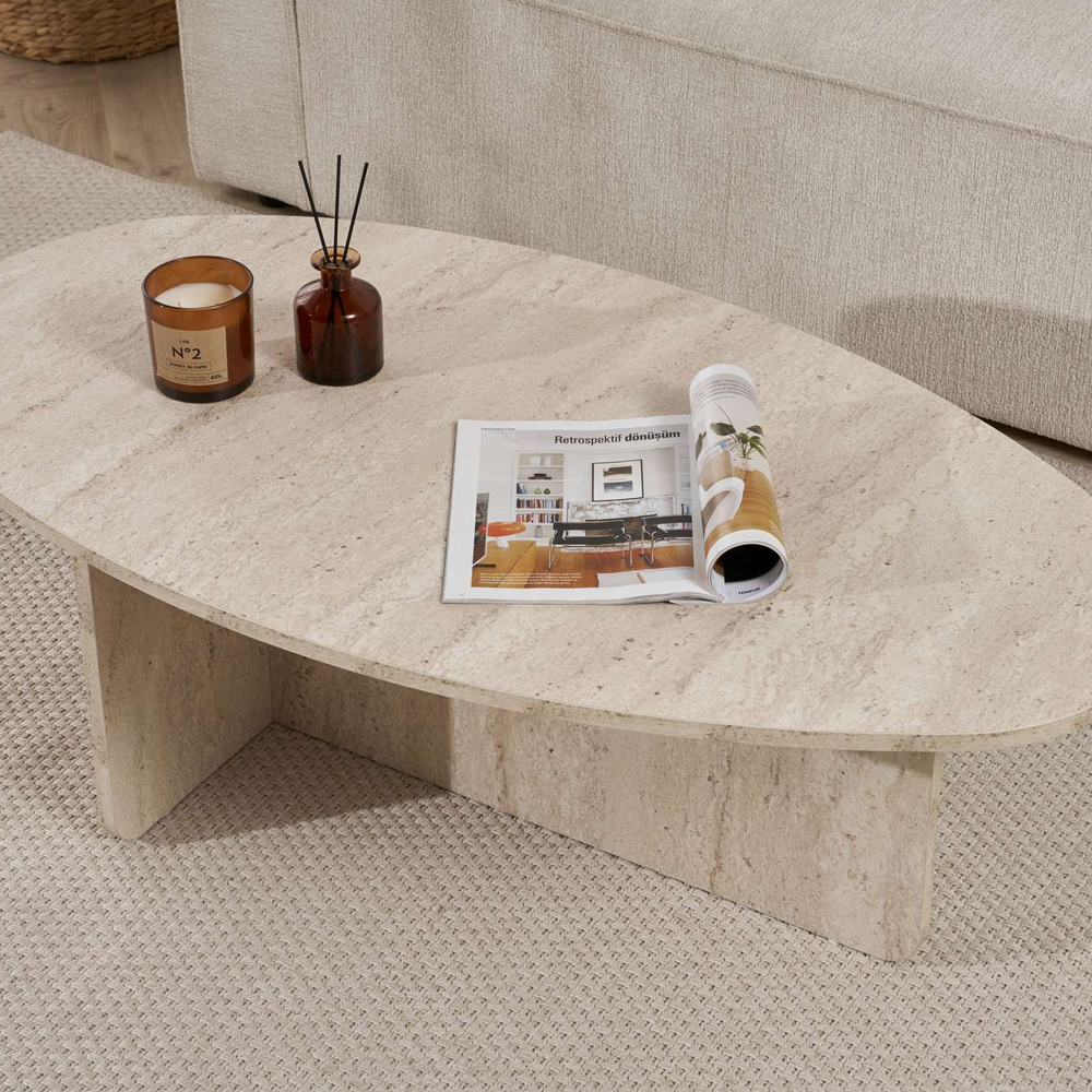 Onara Oval Wooden Coffee Table in Travertine Marble Effect