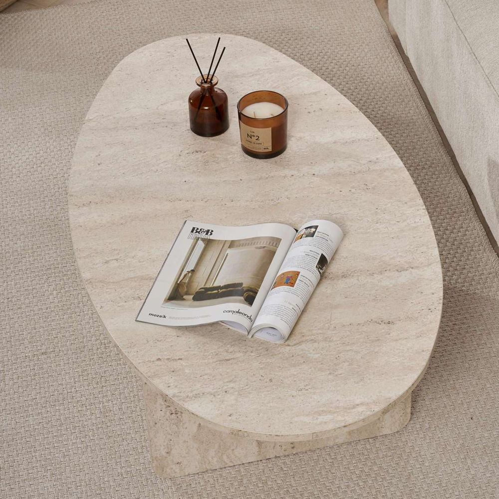 Onara Oval Wooden Coffee Table in Travertine Marble Effect