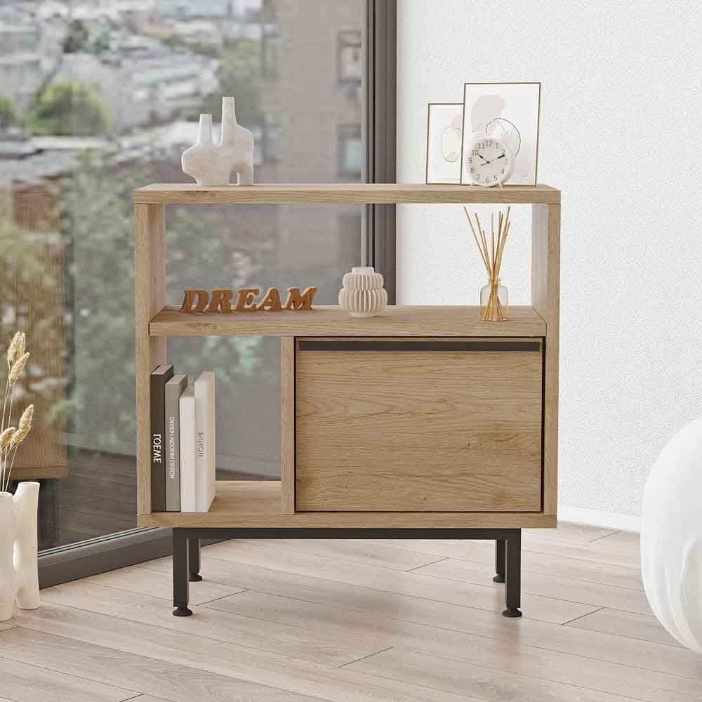 One Wooden Side Table with 1 Door in Walnut
