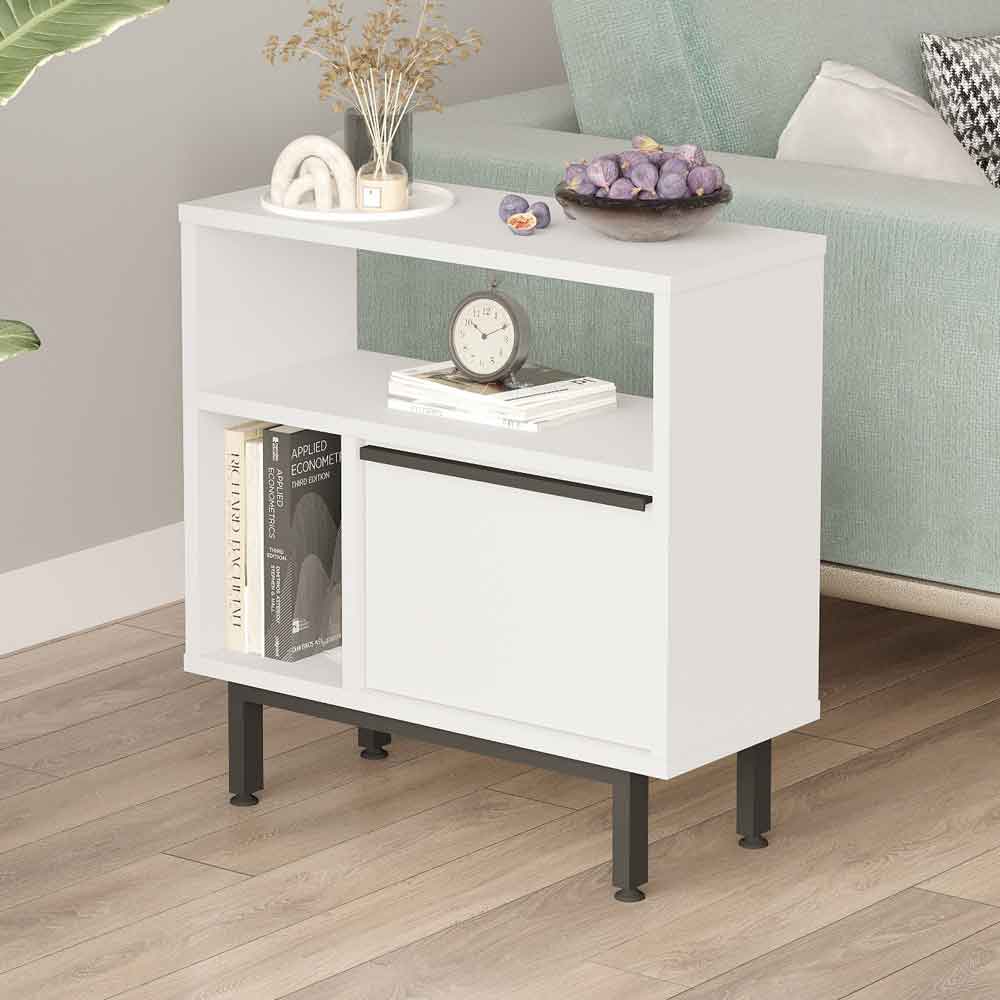 One Wooden Side Table with 1 Door in White