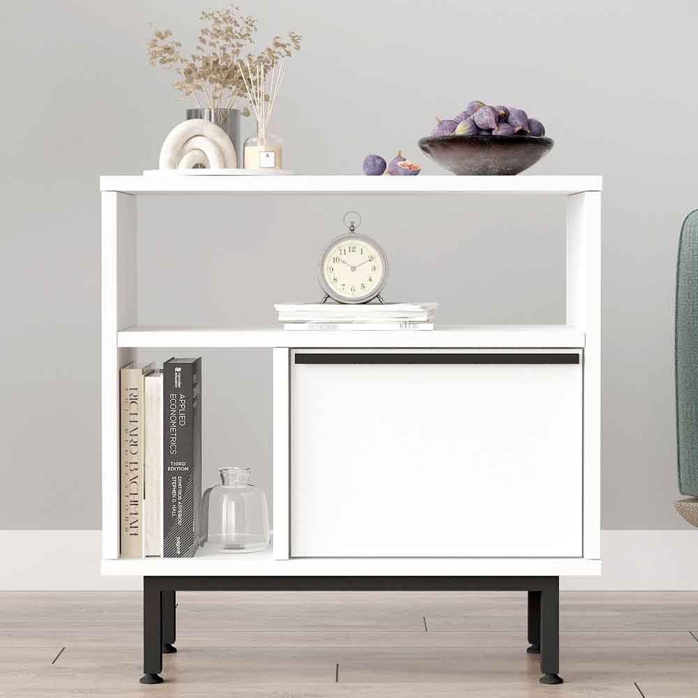One Wooden Side Table with 1 Door in White