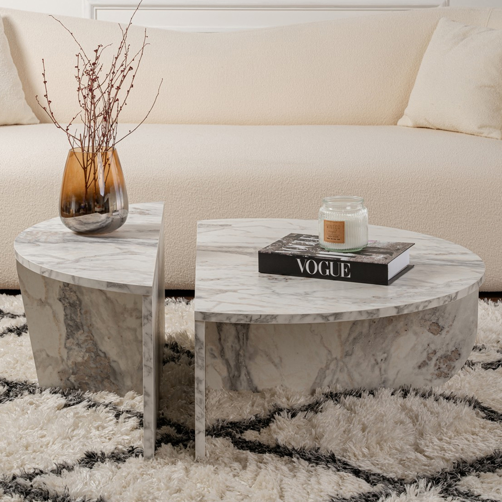 Onelio Oval Wooden Nest Of 2 Coffee Table in Freesia Marble
