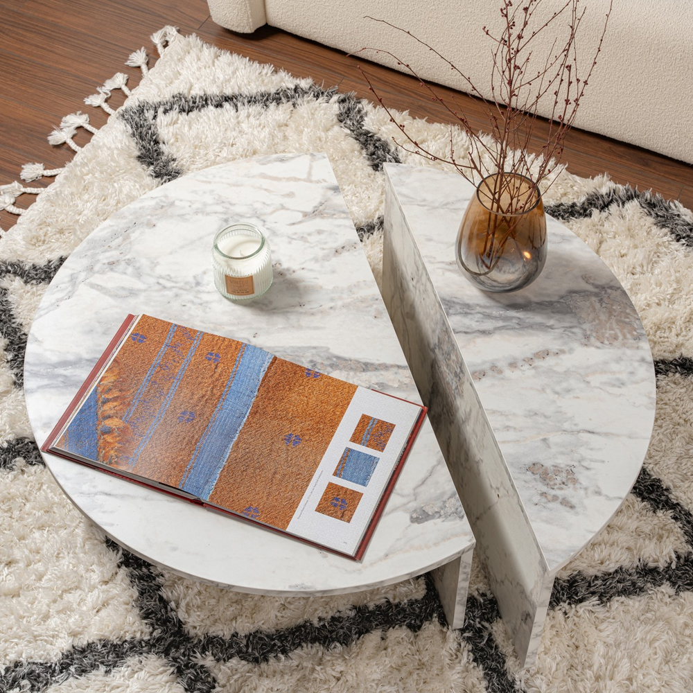 Onelio Oval Wooden Nest Of 2 Coffee Table in Freesia Marble