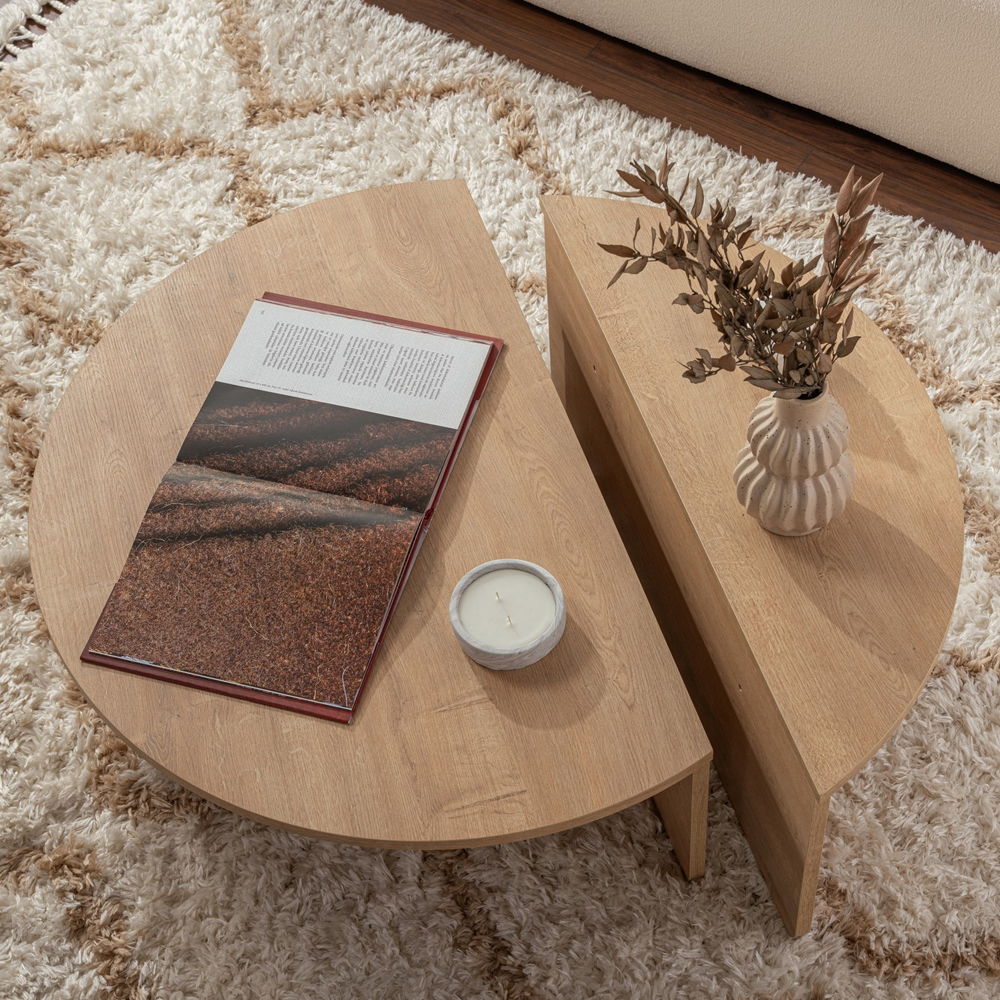 Onelio Oval Wooden Nest Of 2 Coffee Table in Honey Oak