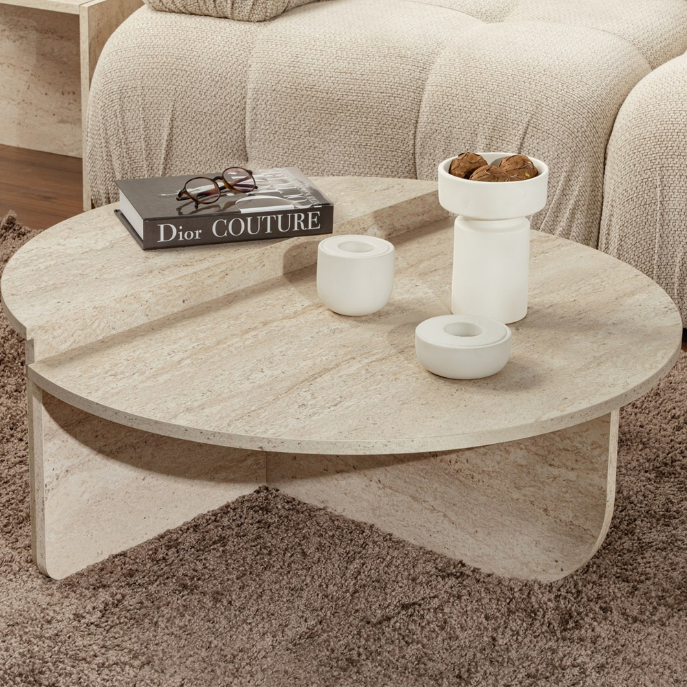 Onelio Oval Wooden Nest Of 2 Coffee Table in Travertine Marble Effect