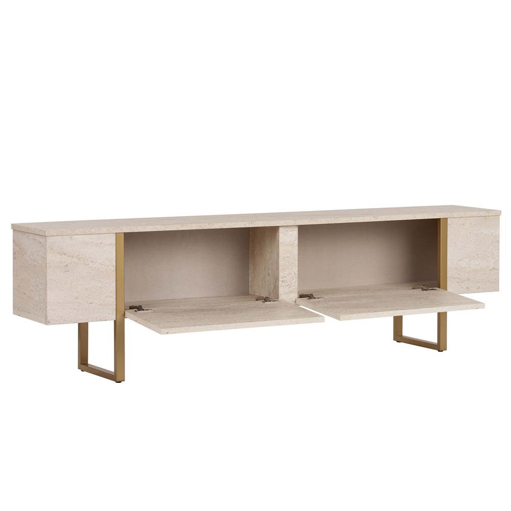 Nordic Wooden TV Stand with Metal Legs in Travertine Marble Effect and Gold