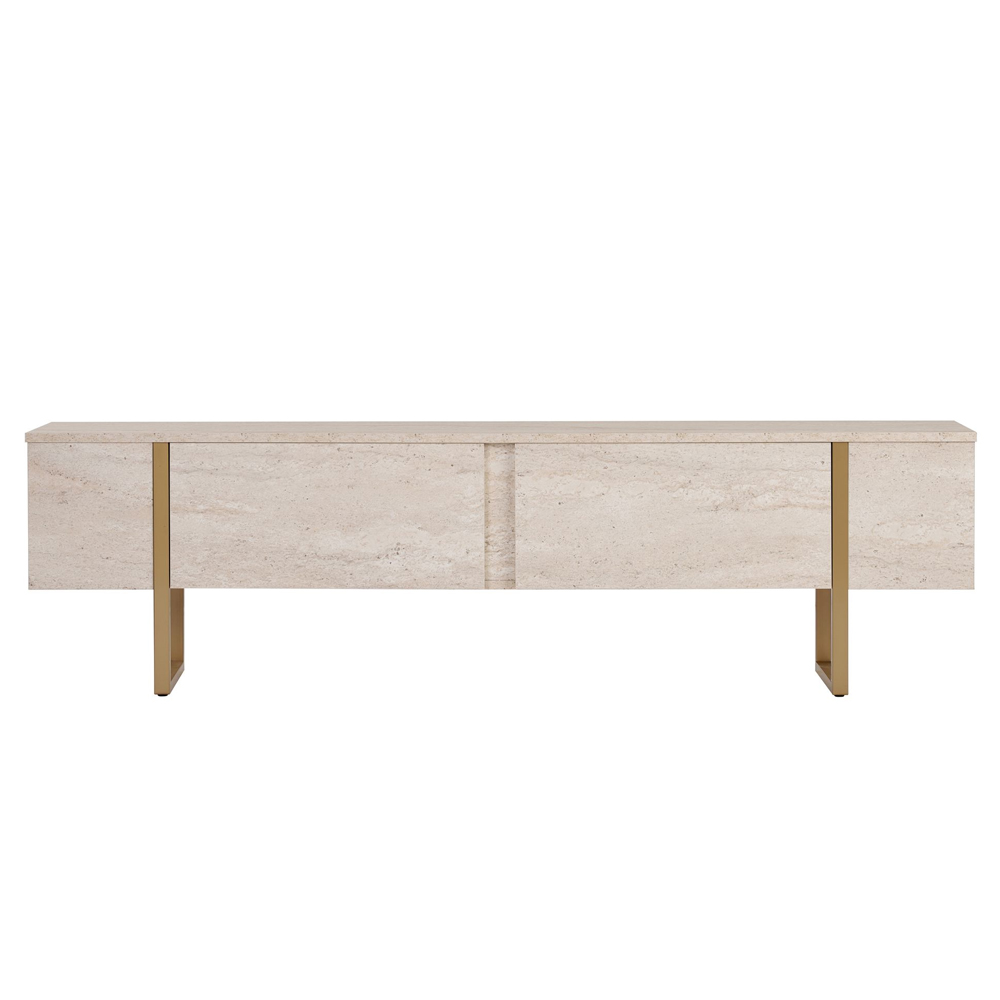 Nordic Wooden TV Stand with Metal Legs in Travertine Marble Effect and Gold