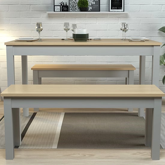 Photo of Onia wooden dining table with 2 benches in grey and oak