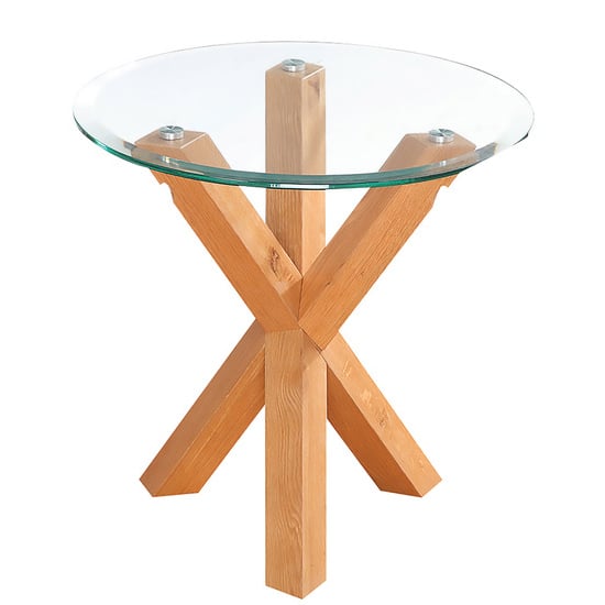 Onich Round Clear Glass Top Lamp Table With Solid Oak Legs