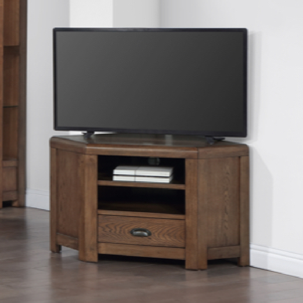 Ontario Wooden Corner TV Stand With 1 Drawer In Dark Oak
