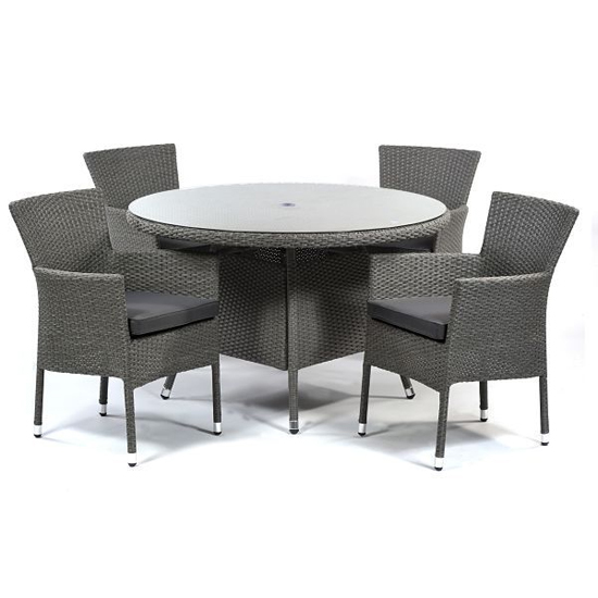 Onyx Rattan Round Dining Table With 4 Armchairs In Grey Weave