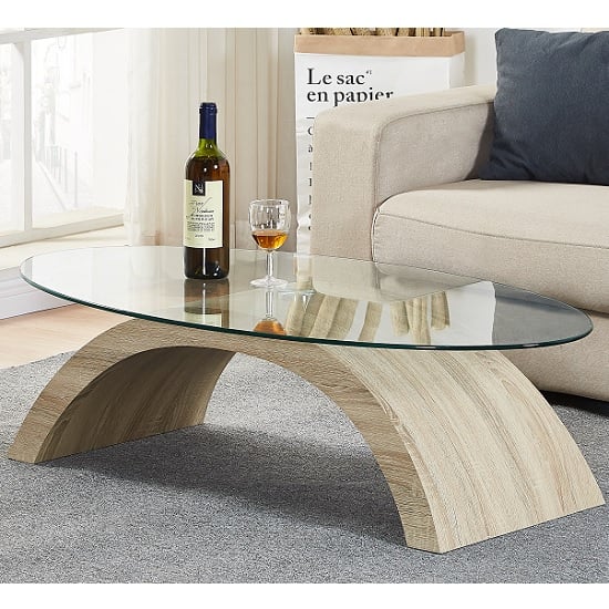 Opel Glass Coffee Table Oval In Clear With Sanremo Oak Base Sale
