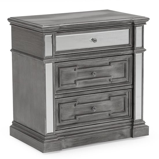 View Opel mirrored wooden bedside cabinet with 3 drawers in grey
